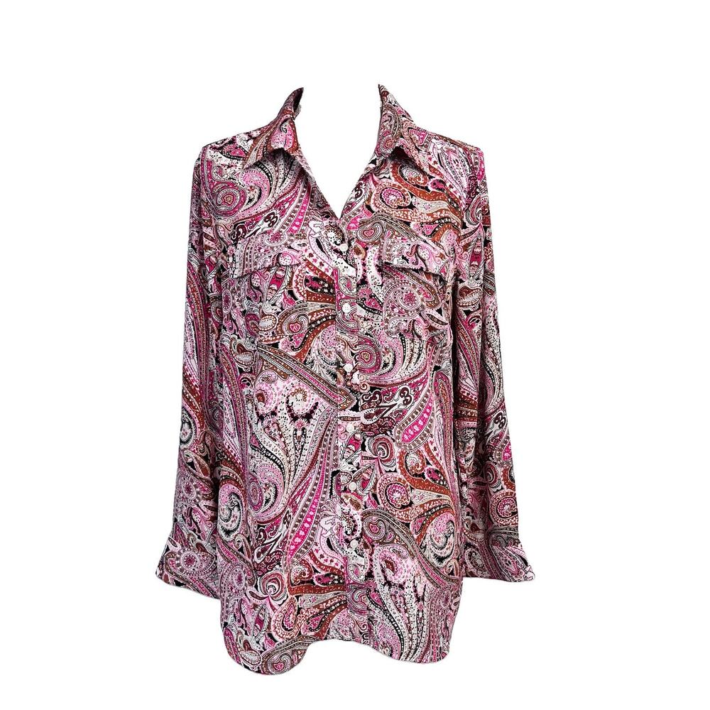 Talbots Blouse Shirt size Medium Pink Brown Black Paisley Career Professional